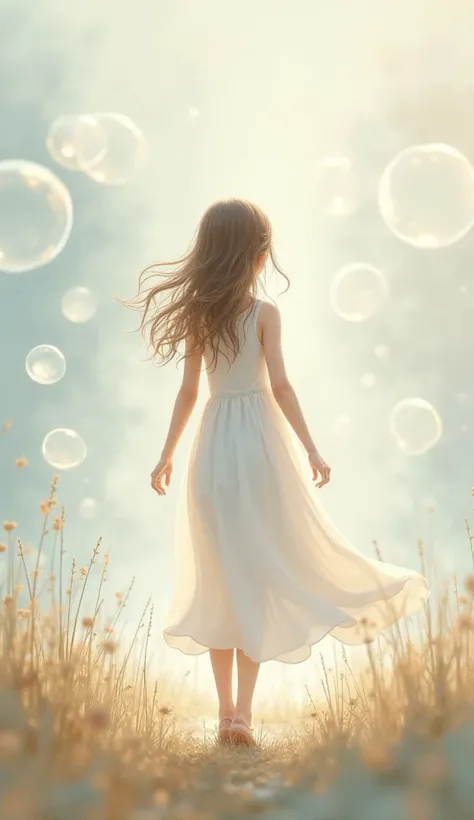 Girl in a white dress watercolor animation illustration soap bubbles gentle atmosphere