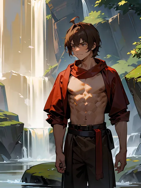 1male , Standing near waterfall , Masterpiece Quality , Medium Length Shaggy brown Hair , Slightly Annoyed expression, red roped belt , Shirtless , Guard Clothing , Sash Belt