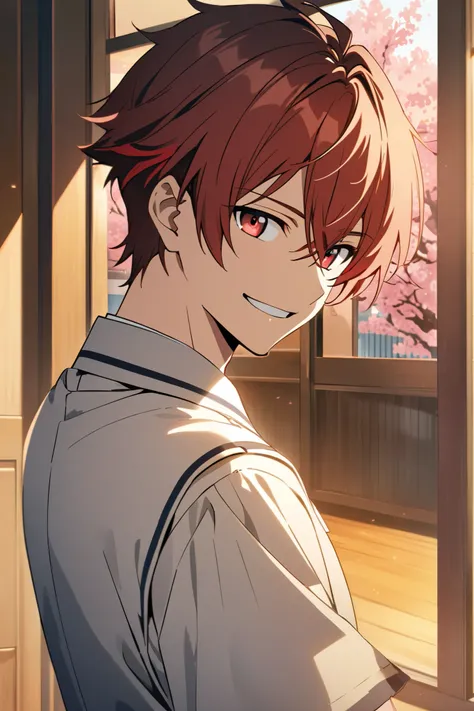 male anime character, bronze hair, red hair tips, blue, red eyes, wearing school boy school uniform.Black Japanese tip standing alone with a smile,The classroom background with cherry trees makes the cover brighter