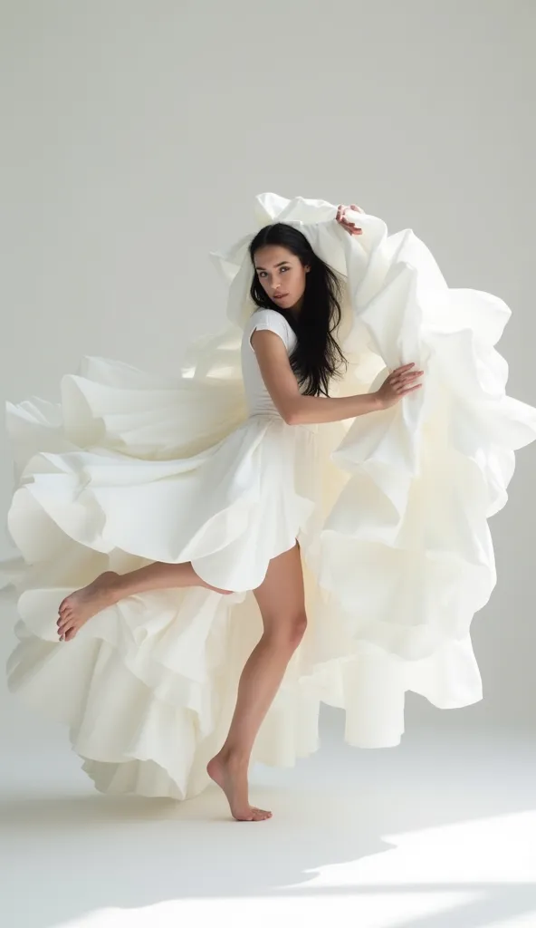 The model is in a bold and disruptive pose, challenging traditional aesthetics with a touch of avant-garde elegance. She wears a white flared dress (#F5F5F5), of structured and voluminous fabric, that expands around her like a sculpture in motion. The impe...