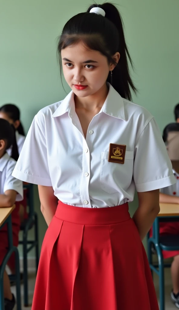 a  Indonesian schoolgirl in a tight short white shirt, a very tight shirt presses the body, the whole body is visible, the shirt buttons are open, the breasts are visible, the breasts are very very small and the details of the breasts are clearly visible, ...