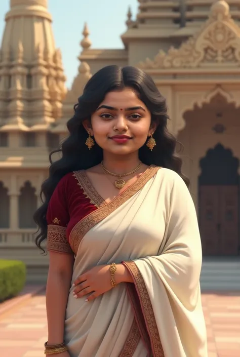 there is a white skin tone round face chubby curvy woman in a white sari and reb maroon velvet blouse standing outside of the temple, with lovely look, with a innocent smile.