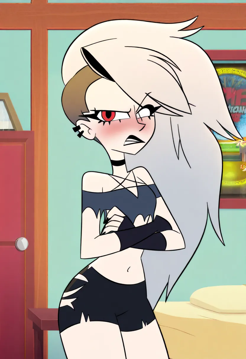 anime screenshot, absurdity, high quality, official style, human loona (hell boss), loona, long hair, doggy style, focus face, embarrassed, angry, grey hair, undercut, white sclera, red eyes, makeup, eye shadow, black lips, piercing, ear piercing, black ch...