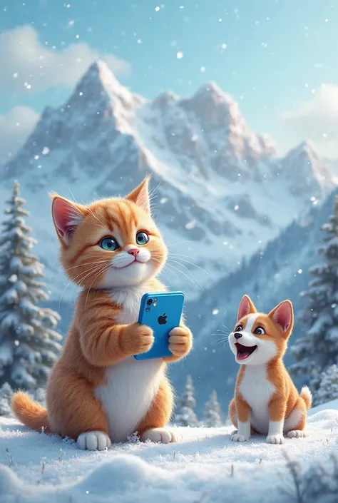 Blue colour phone in cat hand and dog barking at him in mountain with snow fall in background 