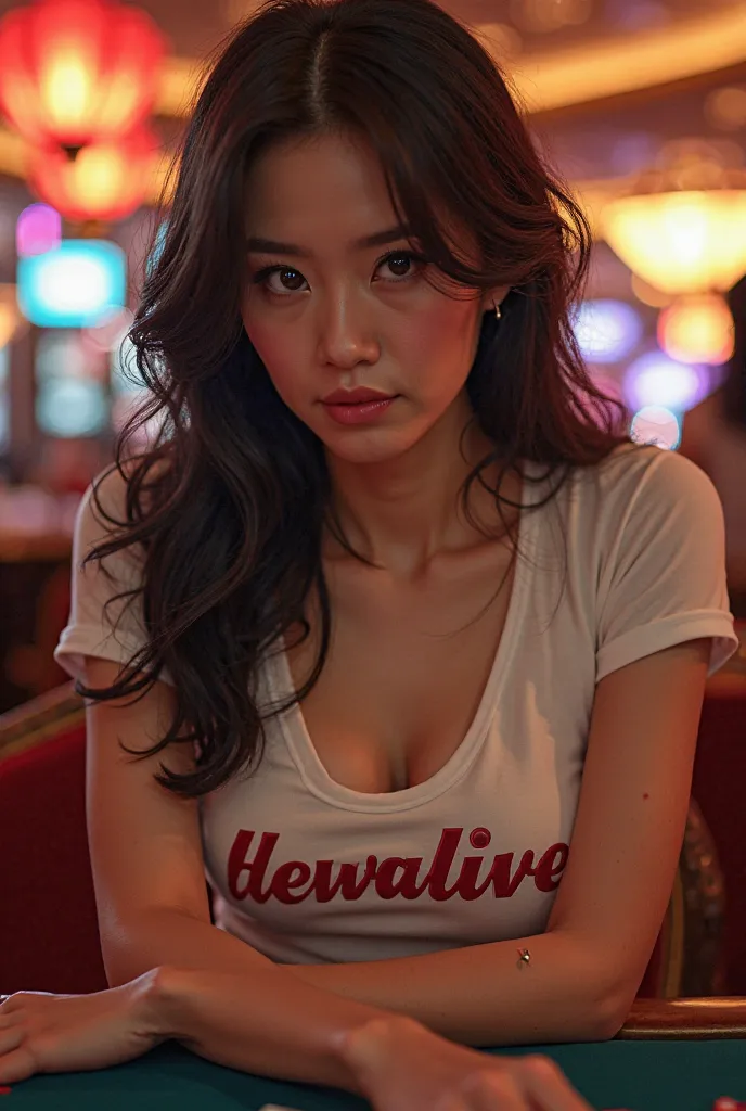 Beautiful woman asian playing at the casino
Wearing a shirt with the phrase 'Dewalive' 