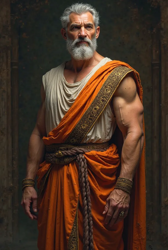 Ancient Greek philosopher mature with canicie, athletic body, manly and gallardo dressed in natural color tunic and orange tunic, with dark Greek Greek borders, dark abstract background