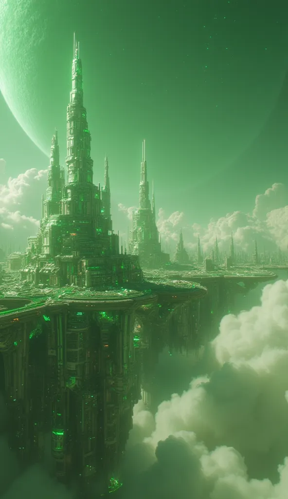 Organic green future cloud city, floating in the atmosphere of a giant gas planet, cinematic wide angle view, highly detailed 8K, dramatic lighting, volumetric fog, massive futuristic metropolis suspended in the clouds of a colossal gas giant planet, virtu...