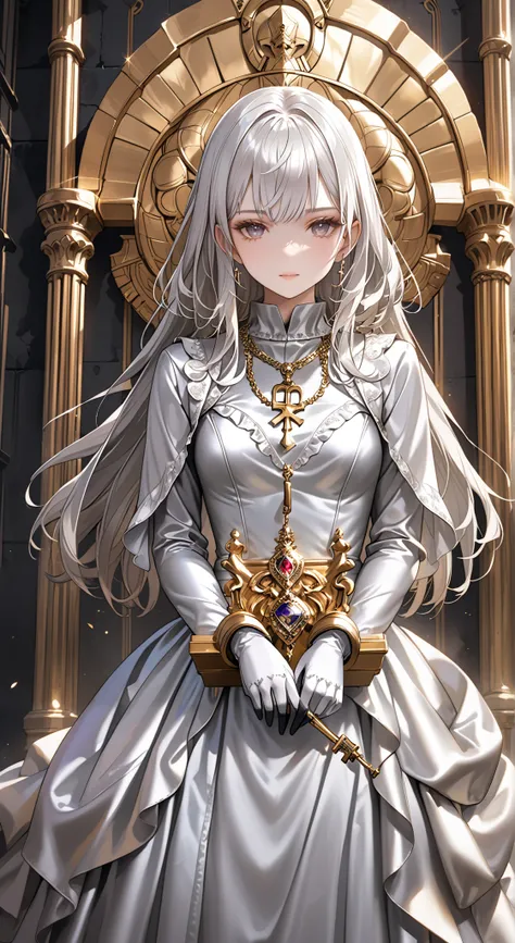 portrait、god々Shining light、( masterpiece, top quality, Ultra High Resolution ),Extremely detailed CG, Japanese woman with pale silver hair,(( beautiful face)),(( long sleeve long dress made of pale silver satin))、((The dress has a simple design without e...