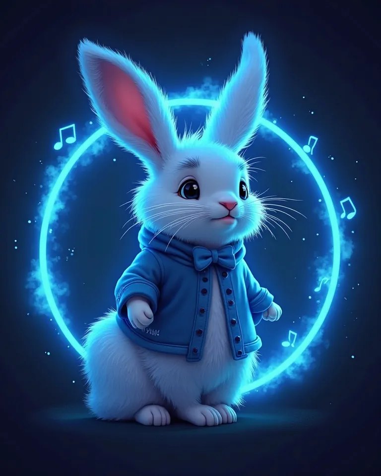 Un logo rond avec Un demi Dieu homme avec des oreilles de lapin avec une aura de fumée bleu en animation 4k, un micro magique à la main, Un logo rond bleu néon, avec des notes de musiques autour, écris sur sa veste bleu « LAPINOUX » 