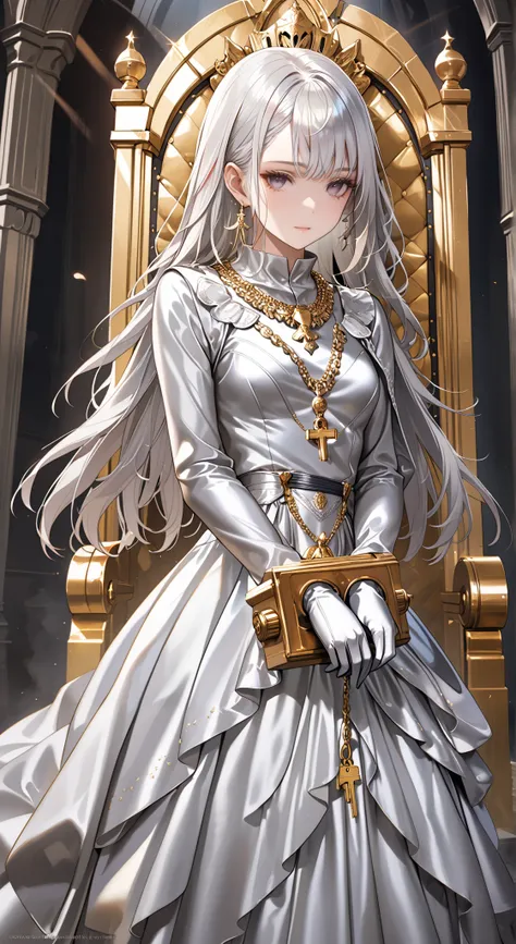 portrait、god々Shining light、( masterpiece, top quality, Ultra High Resolution ),Extremely detailed CG, Japanese woman with pale silver hair,(( beautiful face)),(( long sleeve long dress made of pale silver satin))、((The dress has a simple design without e...