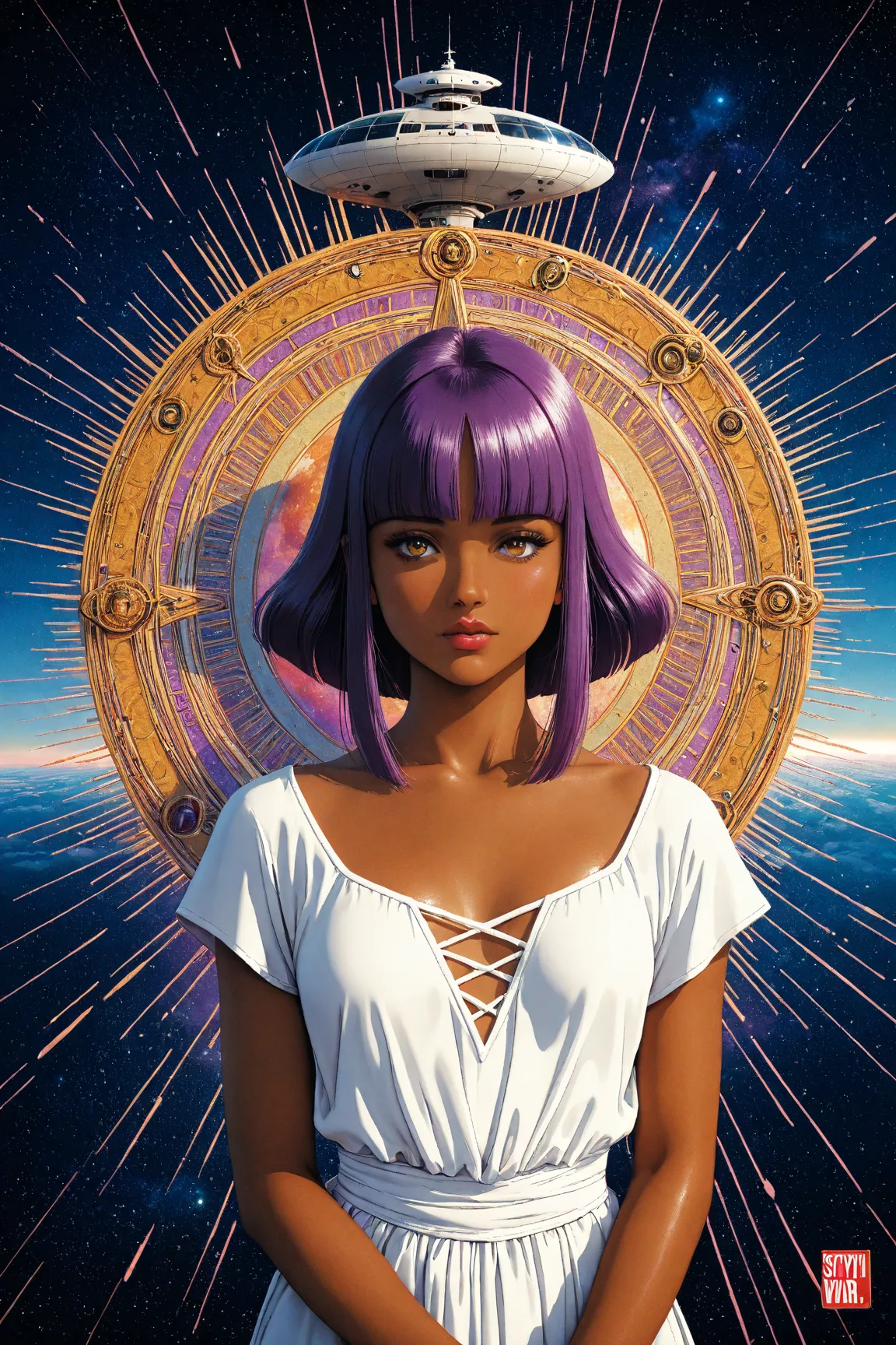 ((best quality)), ((masterpiece)), (detailed), perfect face, dark skin, surreal, in the illustrative style of moebius, spaceships, aliens, fantasy, sci-fi, graphic novel, line drawing, ((japanese retro)), long purple hair, blunt bangs, gold eyes, white tun...