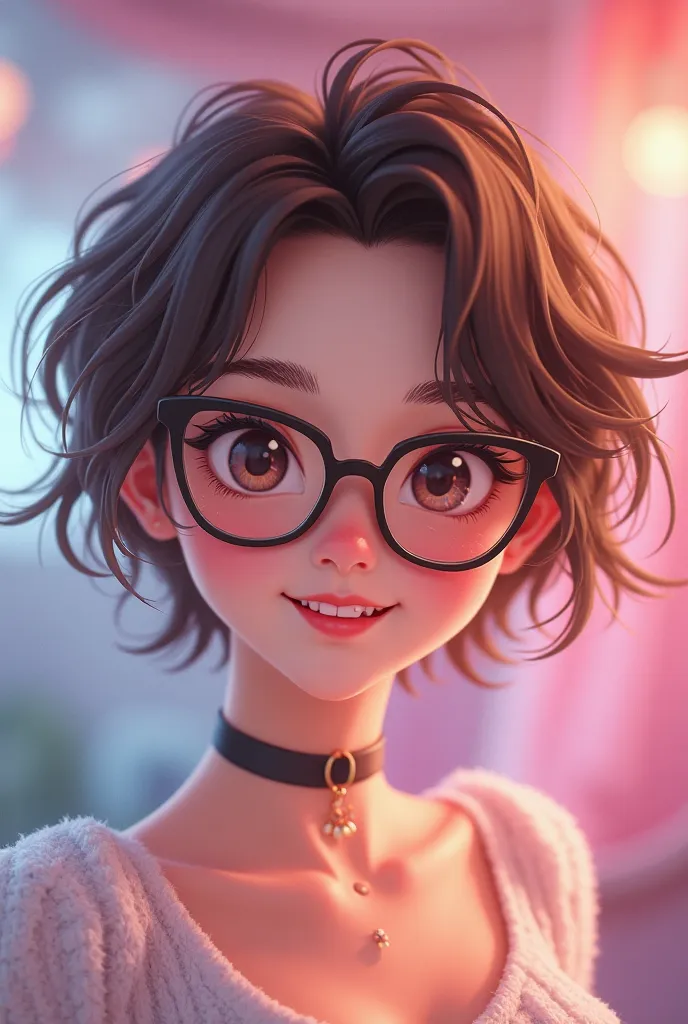 Female character with super short brown hair, with glasses and a small dimpled smile, Photo version of TikTok Kawai