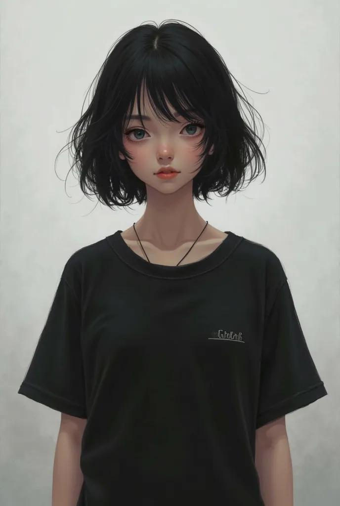 girl with short black hair in a black shirt, facing front pose