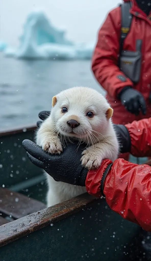 "A tiny sea otter with fluffy white fur delicately clings to a rescuer's waterproof gloves as it is lifted from a fragile floating block of ice. Its wet whiskers glisten in the soft Arctic light, and its rounded ears give it an innocent, trusting expressio...