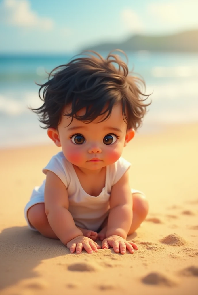 Two-year-old baby with dark hair and eyes, on the beach sand 
