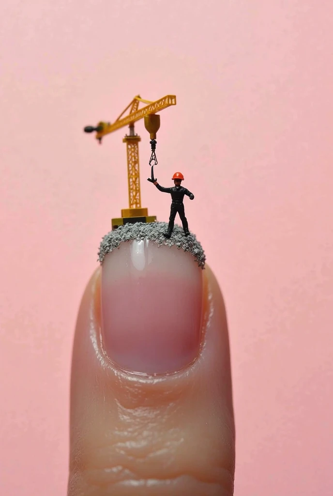 A tiny figures construction worker, building an artificial nail using a nail brush as a crane, with small gel drops like cement, macro photography, soft pink background, high detail, realistic lighting