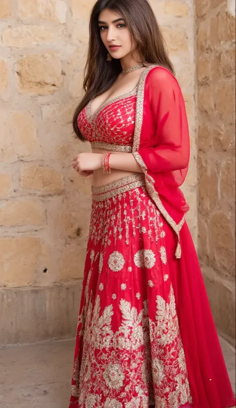 a woman with a graceful look wearing traditional Indian clothing in red elegant young. The garment consisted of a top shaped crop top decorated with sequins and shimmering silver embroidery, combined with a long skirt decorated with luxurious floral motifs...