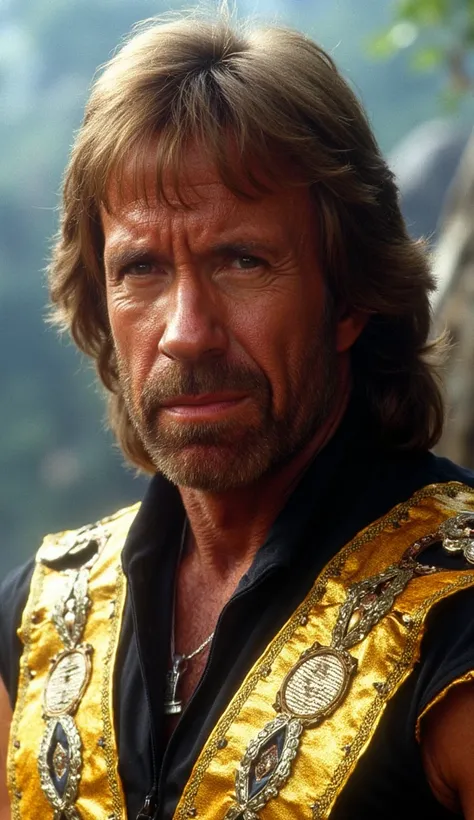 Here is a detailed prompt to generate an image ** super realistic** of Chuck Norris as **Raiden**, focused on **upper body**, with a shiny outfit and impactful details, and a striking background:  

---  
**"Close-up hiper-realista of Chuck Norris as Raide...