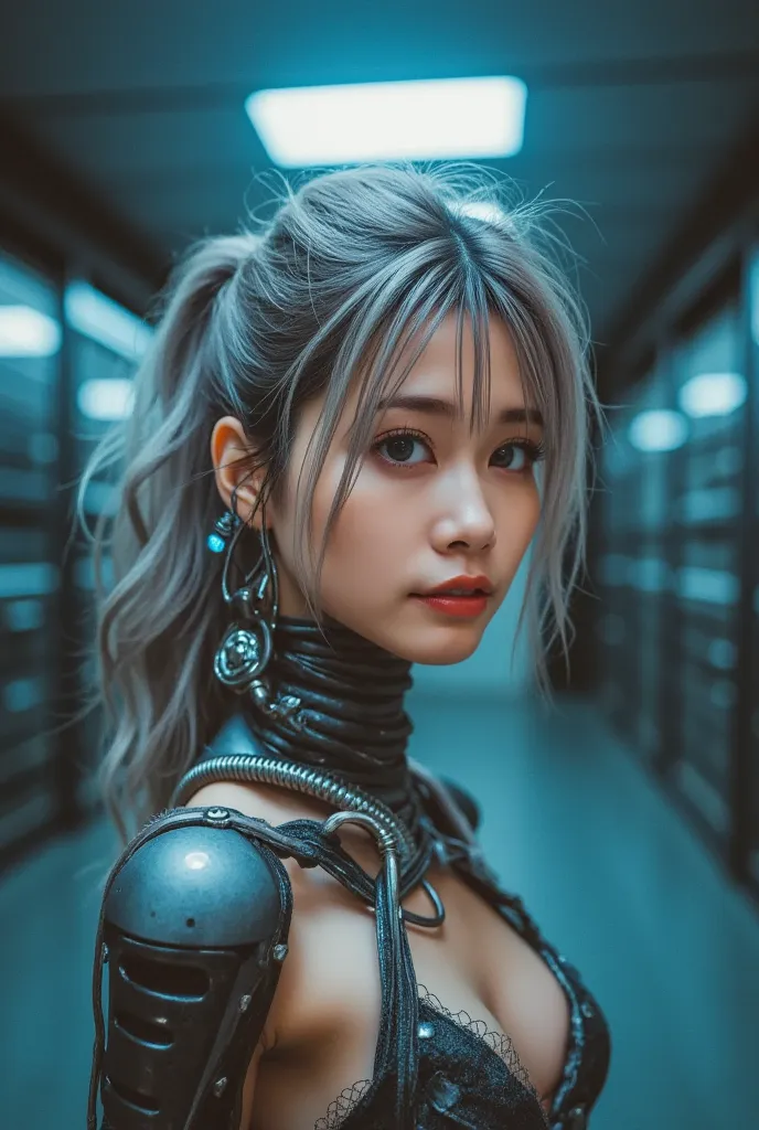 Android girl, Highest quality, masterpiece, ultra-high resolution, photo realistic, raw photo, 1 cyberpunk girl, glossy skin, 1 mechanical girl, super realistic details, (mechanical limbs, tubes connected to mechanical parts, mechanical vertebrae attached ...