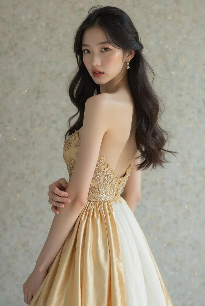 A beautiful Korean woman with long, flowing hair, fair skin, and large, captivating eyes. She has a stunning figure and is wearing an elegant gold and white casino dress. She stands gracefully, looking directly at the viewer with a confident and alluring e...