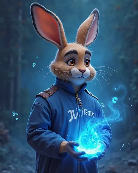 Un demi Dieu homme de couleur de peau brun avec une barbe et des oreilles de lapin avec une aura de fumée bleu en animation 4k, un micro magique à la main, Un logo rond bleu néon, avec des notes de musiques autour, écris sur sa veste bleu « LAPINOUX » 