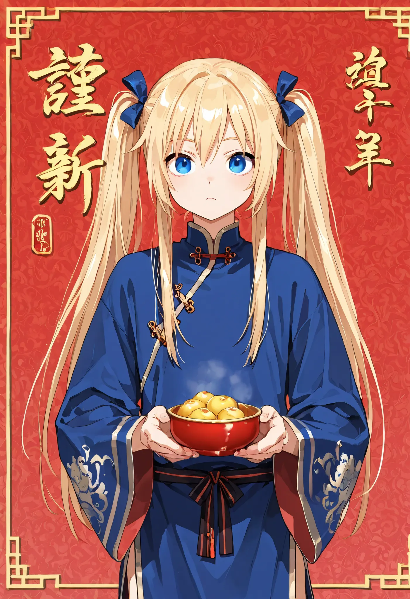 1boy, femboy, blonde hair, blue eyes, long hair, pigtails, Chinese festival