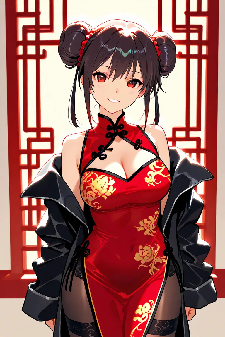 Black double bun hair, Red
Cheongsam,Smile,Anime, gloves,Modern
Chinesejacket, Tights