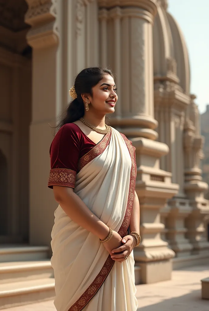 there is a white skin tone chubby curvy woman in a white sari and reb maroon velvet blouse standing outside of the temple, with lovely look, with a innocent smile.