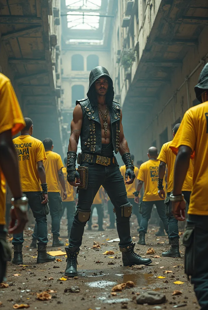 Image of a person wearing a heavymetal outfit standing in an abandoned building Fighting the yellow-shirted bandits