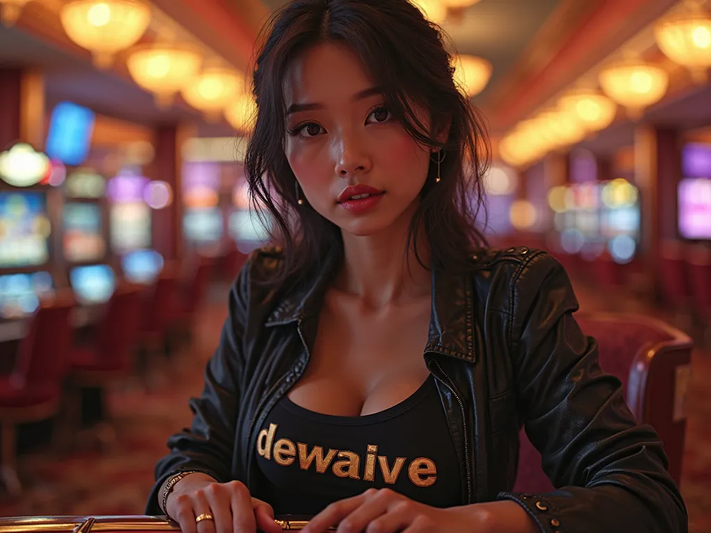 Beautiful woman asian playing at the casino
Wearing a shirt with the phrase 'Dewalive' 