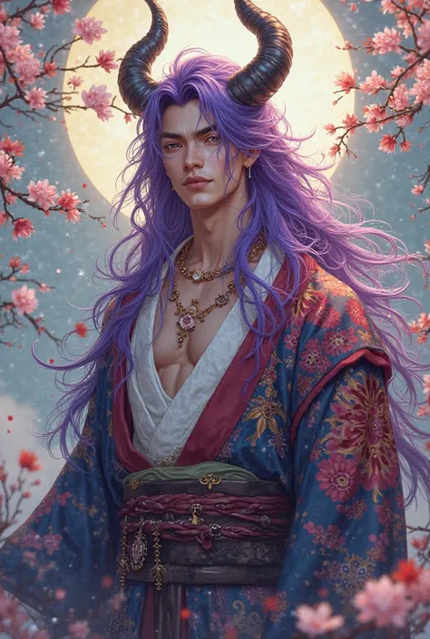 Handsome man with long hair purple horn kimono