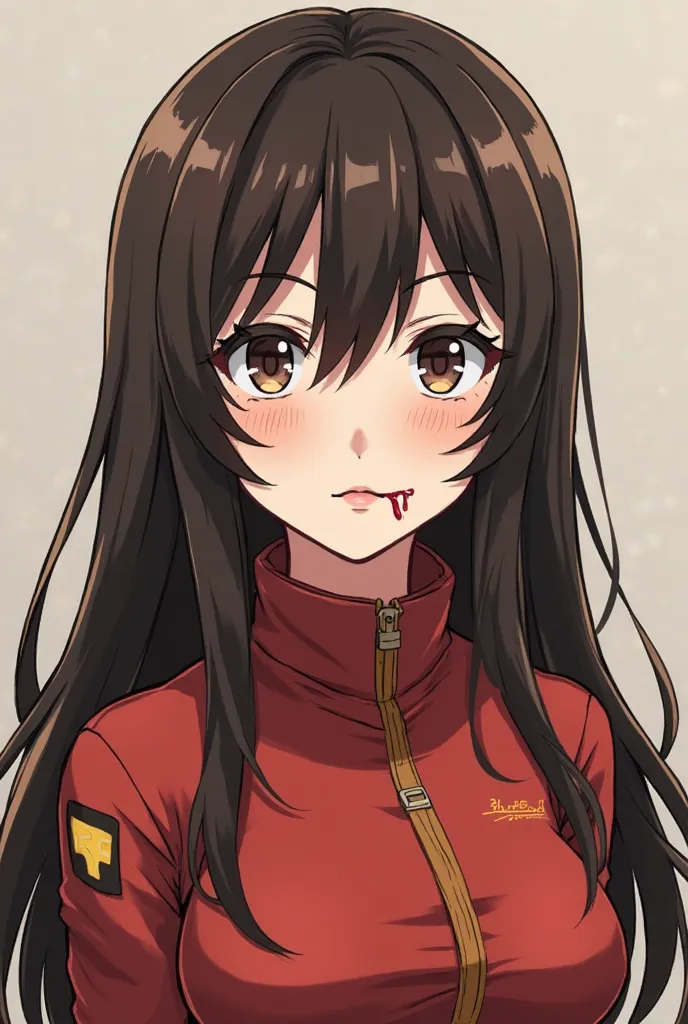 Fire Force Anime girl, long length very dark brown thick layered hair, thick caramel streak highlights, scar across her lips, low rested pale eyes with small black pupils , toned slim body, cartoony anime style, pale complexion, young, tough