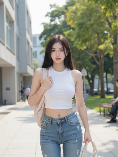 A cute Thai woman with radiant tan skin and long, straight black hair walks confidently through a modern university campus, wearing a snug pastel white crop top and high-waisted denim jeans. She carries a stylish backpack slung over one shoulder, her eyes ...