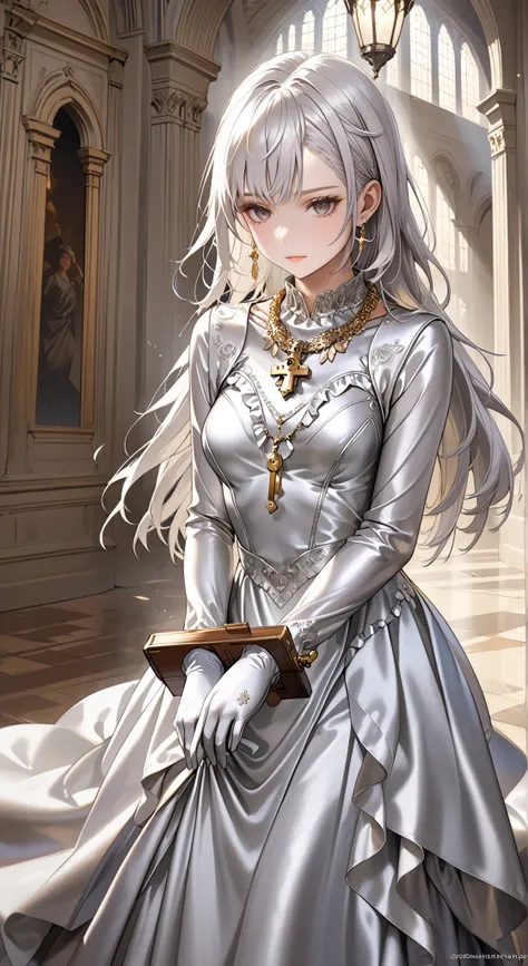 portrait、god々Shining light、( masterpiece, top quality, Ultra High Resolution ),Extremely detailed CG, Japanese woman with pale silver hair,(( beautiful face)),(( long sleeve long dress made of pale silver satin))、((The dress has a simple design without e...