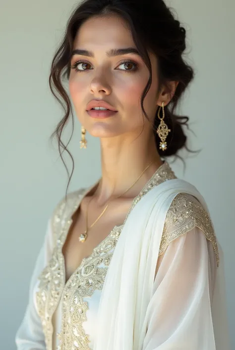 Image of beautiful pakistani girl in white skin, white kurti paijami with more makeup