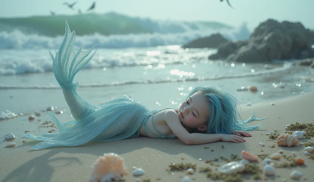 A little sea fairy baby lies unconscious on the shore, lost and weak. Her small, shimmering blue-silver fins are partially buried in the sand, and her delicate face shows signs of exhaustion. The dim sunlight casts a soft glow on her damp hair, while her b...