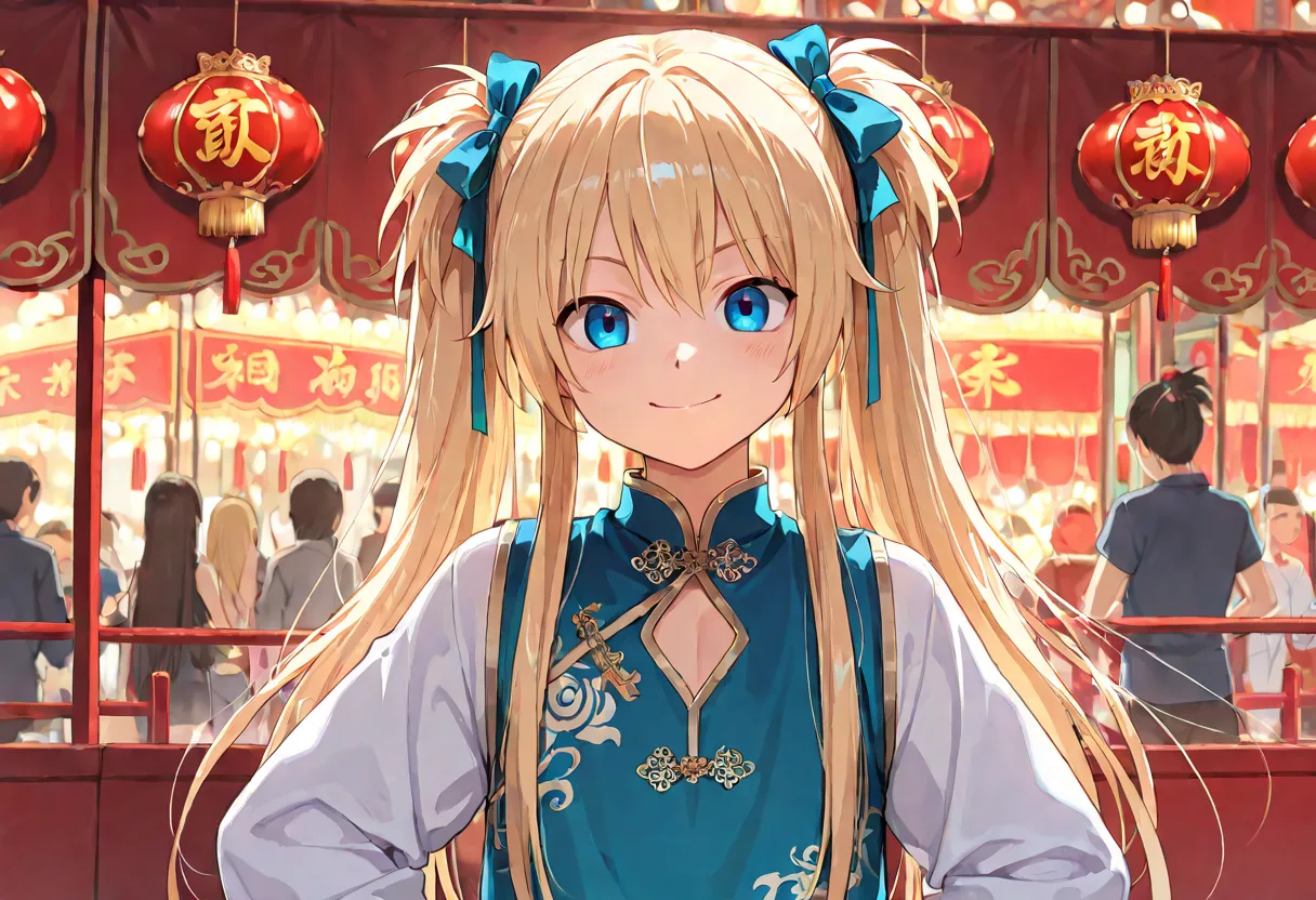 1boy, femboy, blonde hair, blue eyes, long hair, pigtails, Chinese festival, smiling