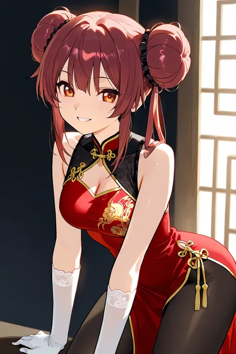 Black double bun hair, Red
Cheongsam,Smile,Anime, gloves,Tights,feet