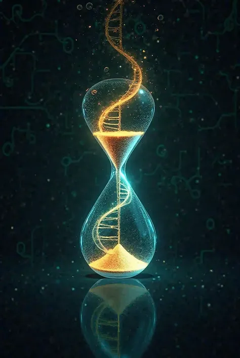 Minimalist ebook cover for 'The Longevity Code: Decelerate Aging, Optimize Human Potential.' Design elements: A glowing DNA helix transforming into an hourglass, teal and gold gradients, geometric cellular patterns in the background. Text in a modern sans-...