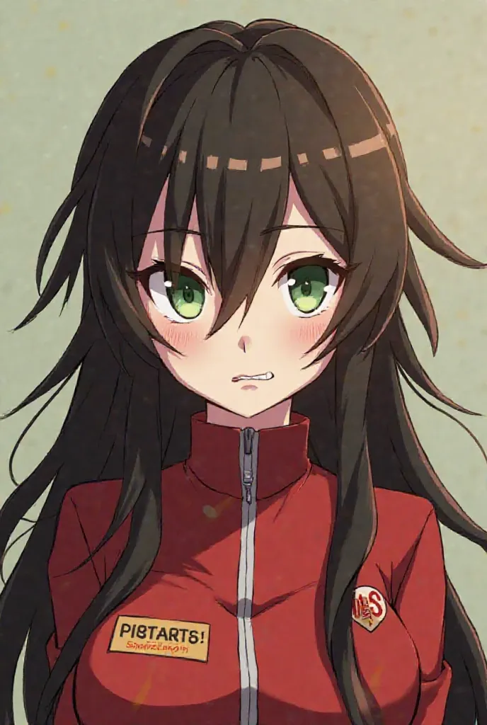 Fire Force Anime girl, long length very dark brown thick layered hair, thick caramel streak highlights, scar across her lips, low rested pale pastel light green eyes with small black pupils , toned slim body, cartoony anime style, pale complexion, young an...