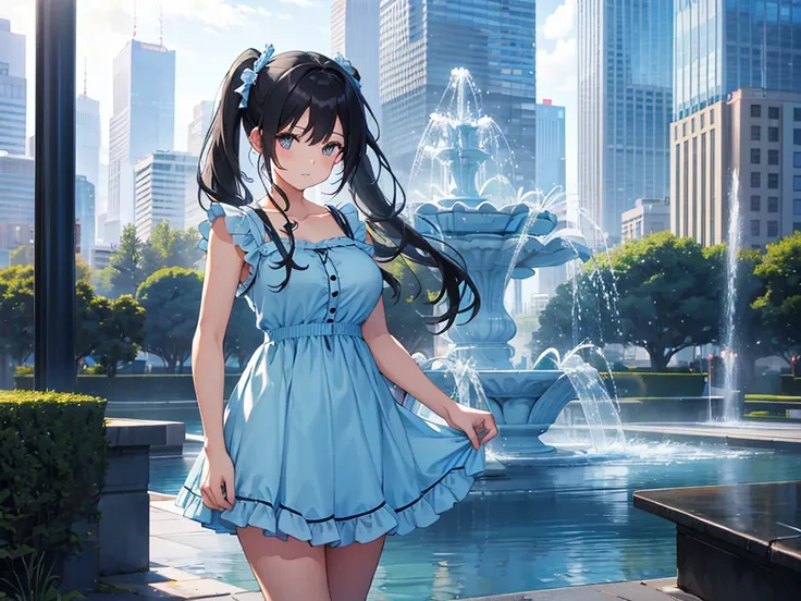  A beautiful girl is standing near a city fountain, unconfident expression,,light blue ruffled casual dress,big breasts,(long twin tail black hair),high image quality 