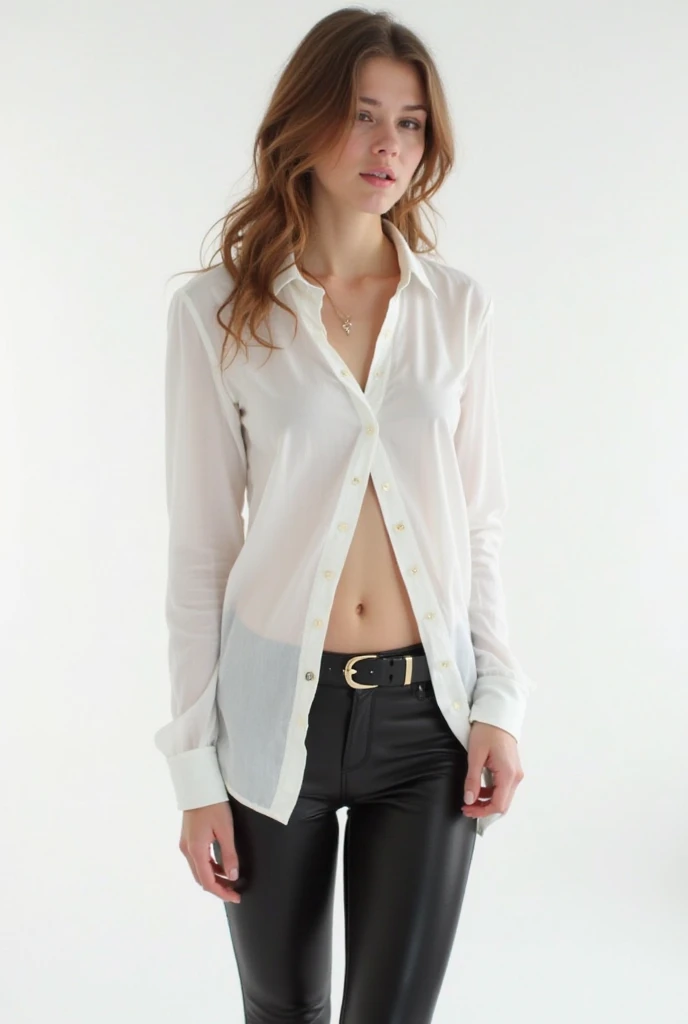 make an imitation of an unbuttoned white beautiful blouse size XL with buttons, and a black beautiful short left looks, the belly is visible, with a beautiful young girl model ager, Ukrainian face, beautiful brown hair, wear black beautiful delicate elegan...