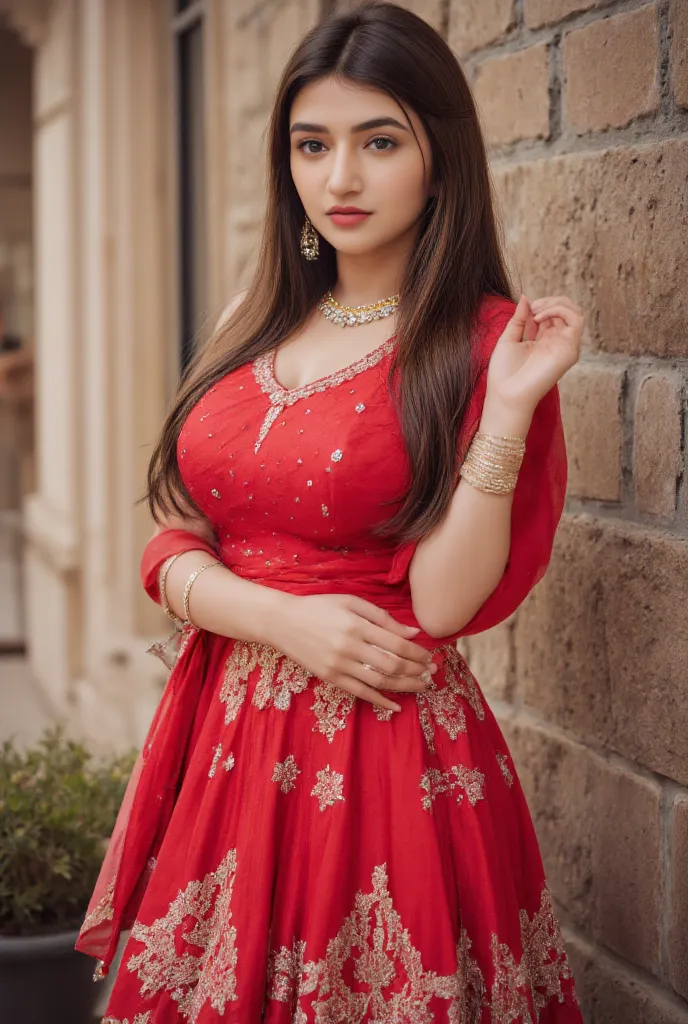 a woman with a graceful look wearing traditional Indian clothing in red elegant young. The garment consisted of a top shaped crop top decorated with sequins and shimmering silver embroidery, combined with a long skirt decorated with luxurious floral motifs...