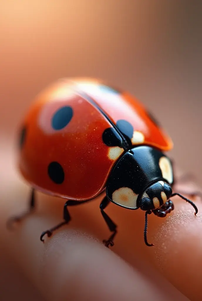 . "A hyper-realistic close-up of a tiny red ladybug perched on a human fingertip, dew drops glistening on its shell, soft golden sunlight filtering through a lush green garden background, shallow depth of field."