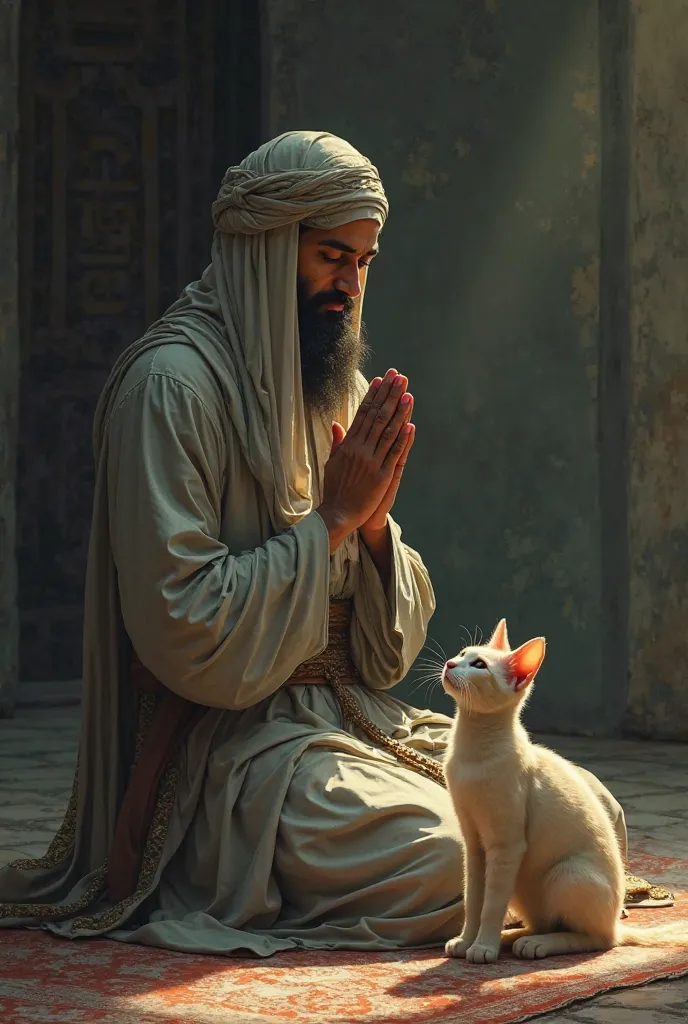 Cat praying, muslim with a hat for Muslims