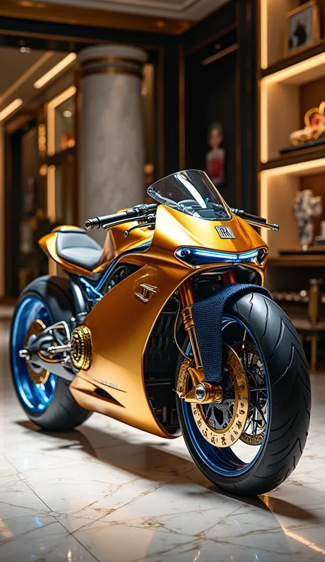 "Design a Rolls-Royce Hyperbike with a perfect blend of opulence and cutting-edge design, showcased in an ultra-luxury showroom. The bike’s body is painted in a rich, glossy golden hue with blue accents. The wheels have intricate gold detailing with blue h...