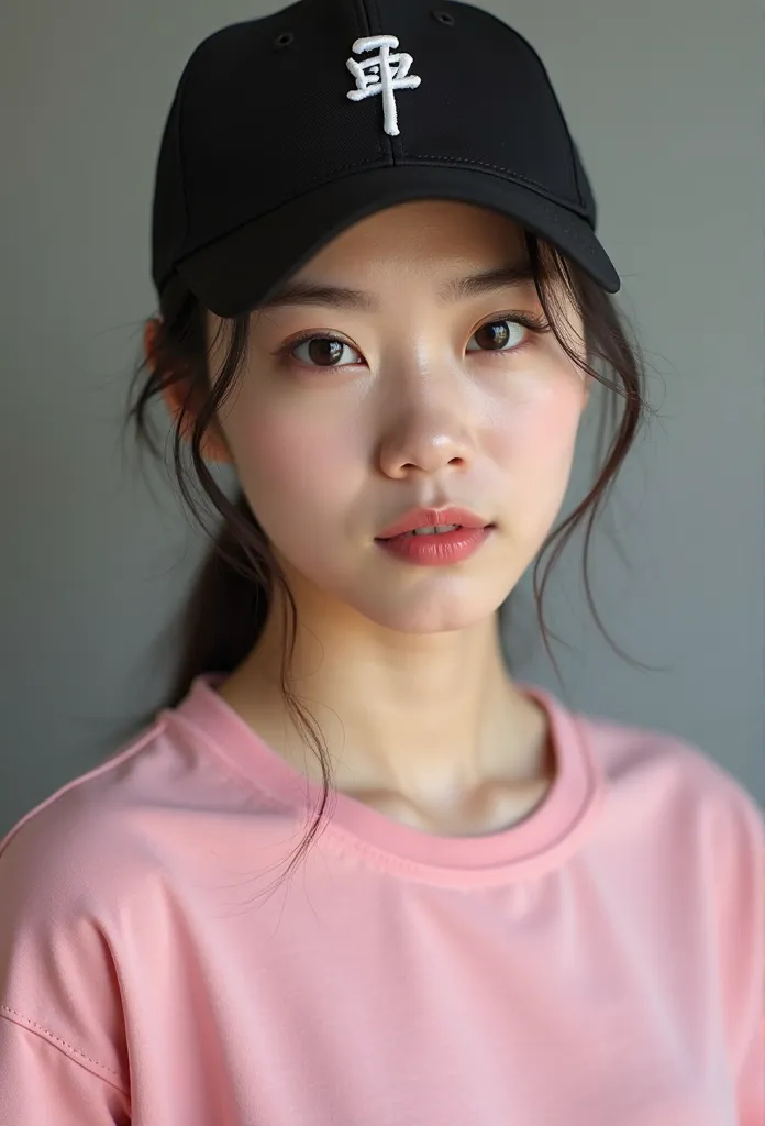 A very beautiful Chinese woman, 20 years old, wearing a pink T-shirt, wearing a black cap, with the letter “AO” on the hat, straight face, wearing cargo pants, sneakers.
