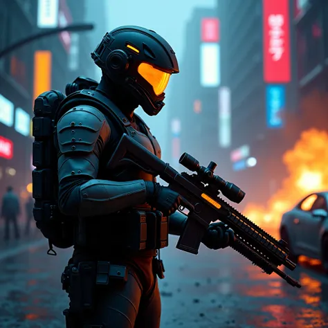 Ultra-detailed futuristic soldier in advanced tactical armor, wearing a high-tech helmet with a glowing visor and infrared sensors. The soldier is holding a large sci-fi shotgun with a glowing orange barrel and an attached scope, ready for combat. The dark...