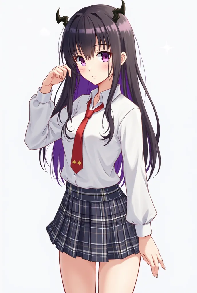 "Akeno Himejima is a young woman with long and dark hair, almost black, with purple tips. His hair is straight and reaches the middle of his back,  with a fringe that partially covers her forehead . His eyes are big,  dark purple , and her expression is el...