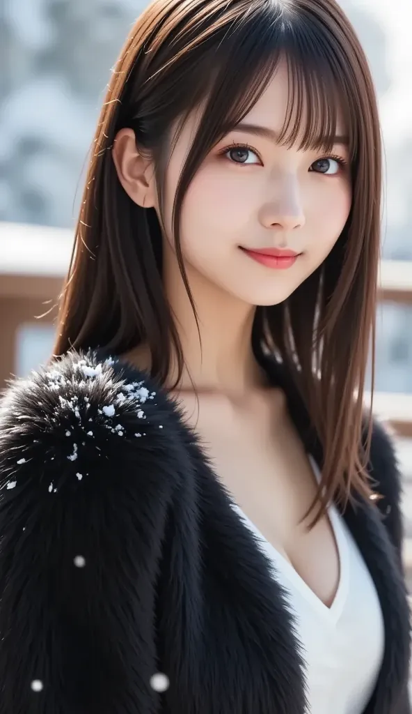 (a state where the face is accurately positioned in the center of the image: 1.5), (upper breast: 1.5), (fully reflects the entire head: 1.5), (Face clearly visible: 1.2)、 (black fur coat : 1.4), (A clear day with powdery snow : 1.5), long hair、bangs, smil...